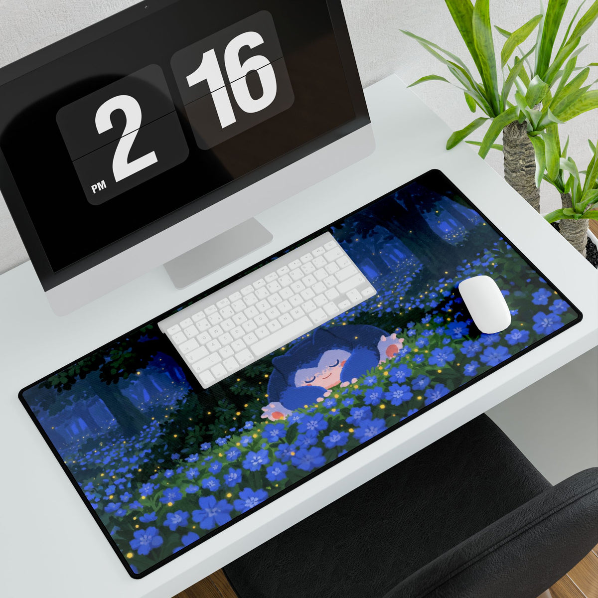 Sleeping Creature in Blue Floral Field Desk Mat | Night Forest Mouse Desk Mat
