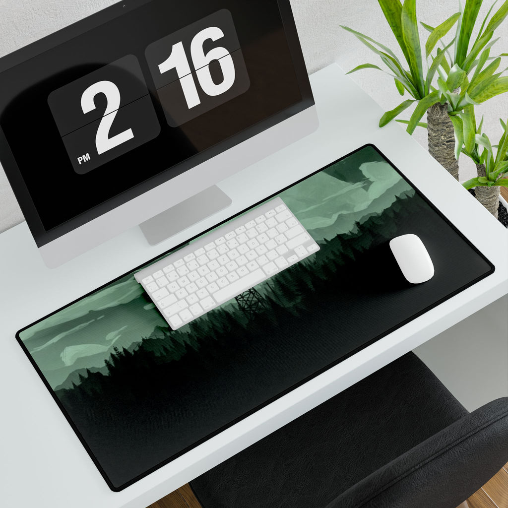 Forest Fire Watch Tower Desk Mat — Moody Green Wilderness Gaming Mousepad