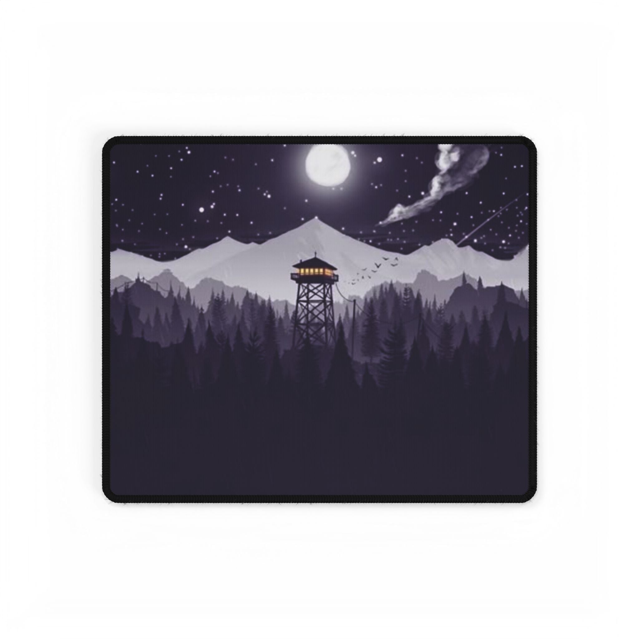 Night Fire Watchtower Desk Mat — Moonlit Mountain Landscape Gaming Desk Pad