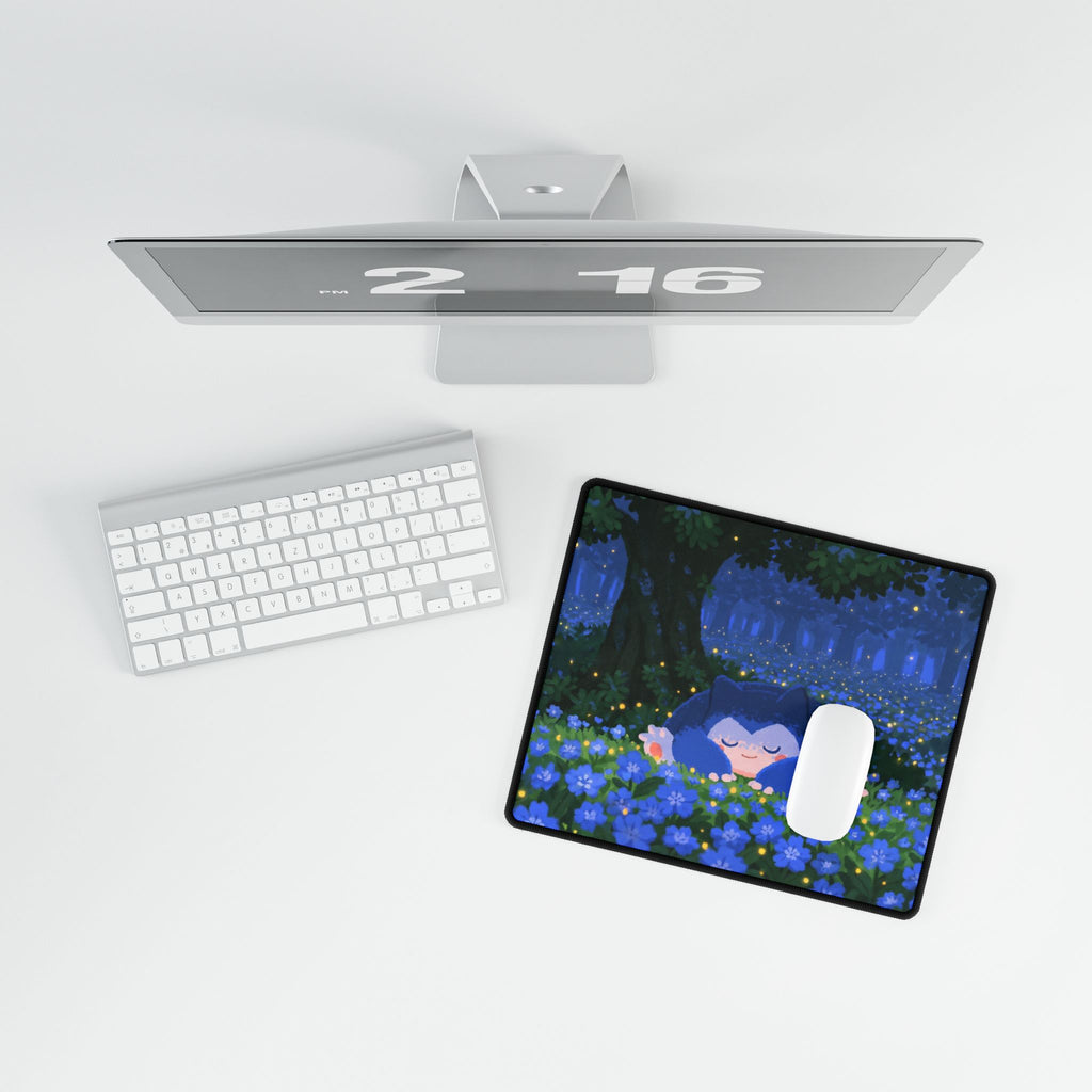 Sleeping Creature in Blue Floral Field Desk Mat | Night Forest Mouse Desk Mat