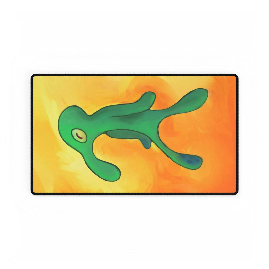 Brash Green Blob Character Desk Mat | Abstract Orange Background