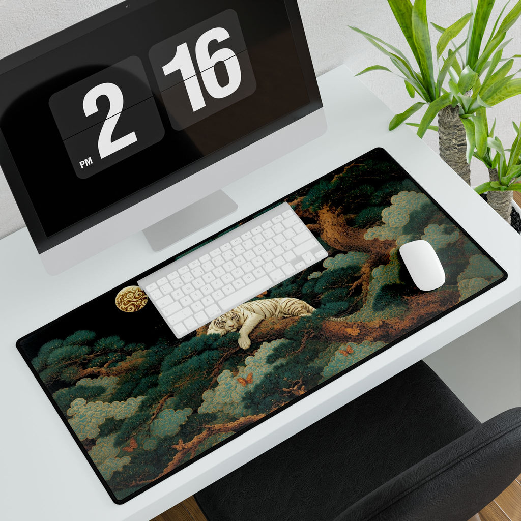 White Tiger Moon Desk Mat — Asian-Inspired Desk Pad with Pine & Moon Artwork