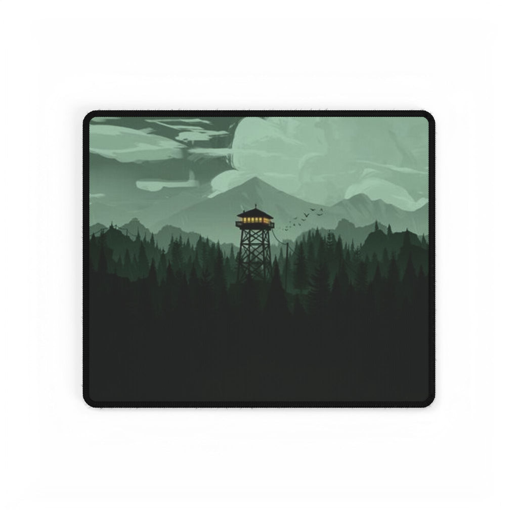 Forest Fire Watch Tower Desk Mat — Moody Green Wilderness Gaming Mousepad