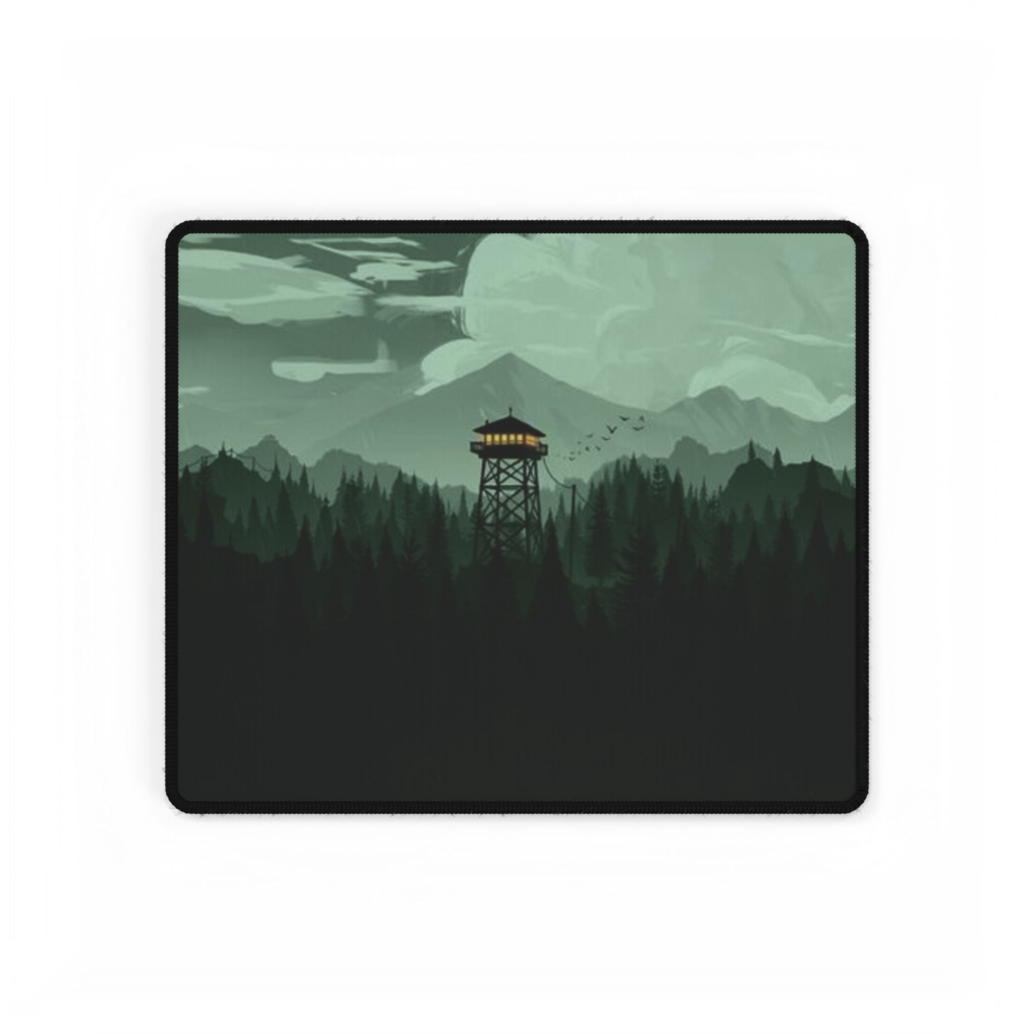 Forest Fire Watch Tower Desk Mat — Moody Green Wilderness Gaming Mousepad