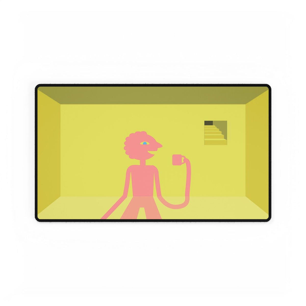 Pink Character in Yellow Room Desk Mat | Minimalist Illustration Desk Mat
