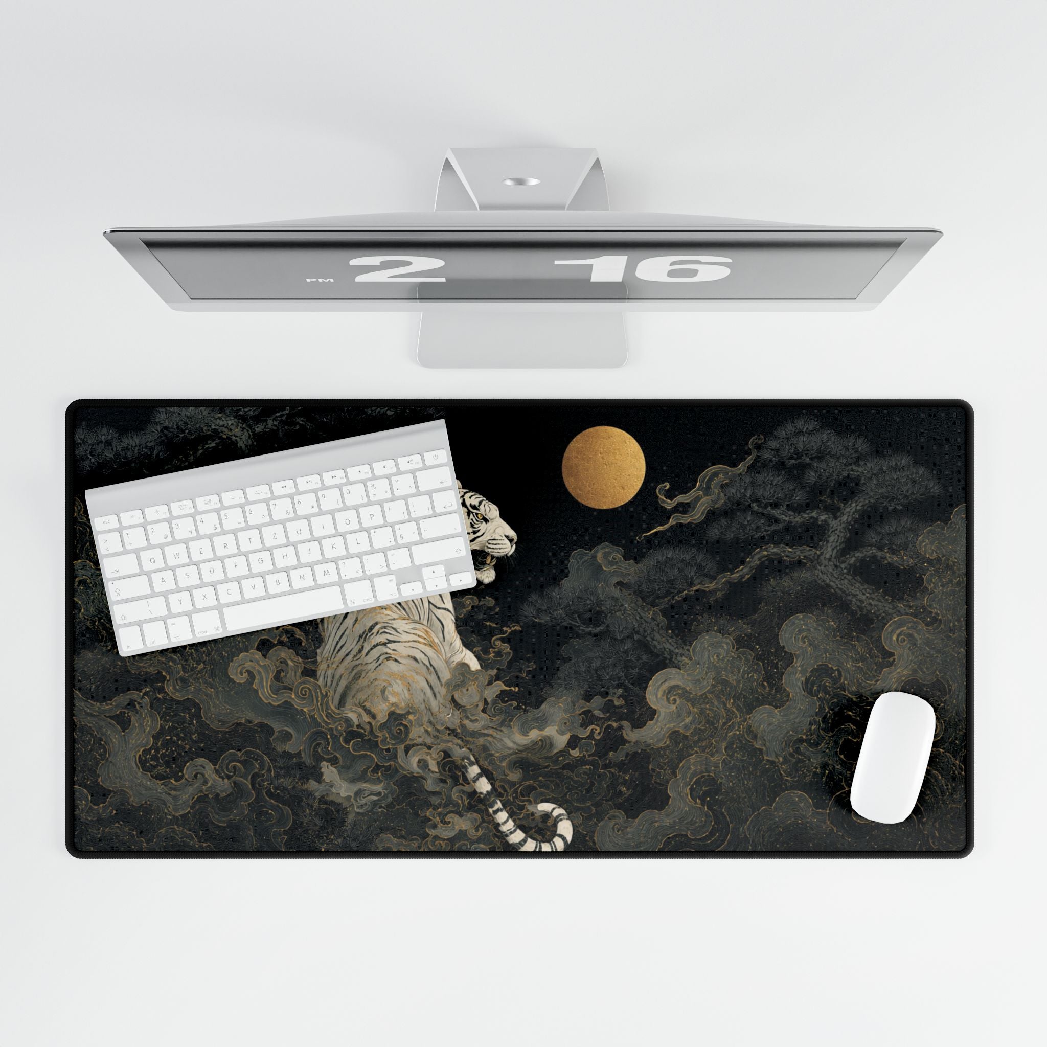 White Tiger Moon Desk Mat — Japanese-Inspired Artistic Gaming Mouse Pad Personalized Gifts