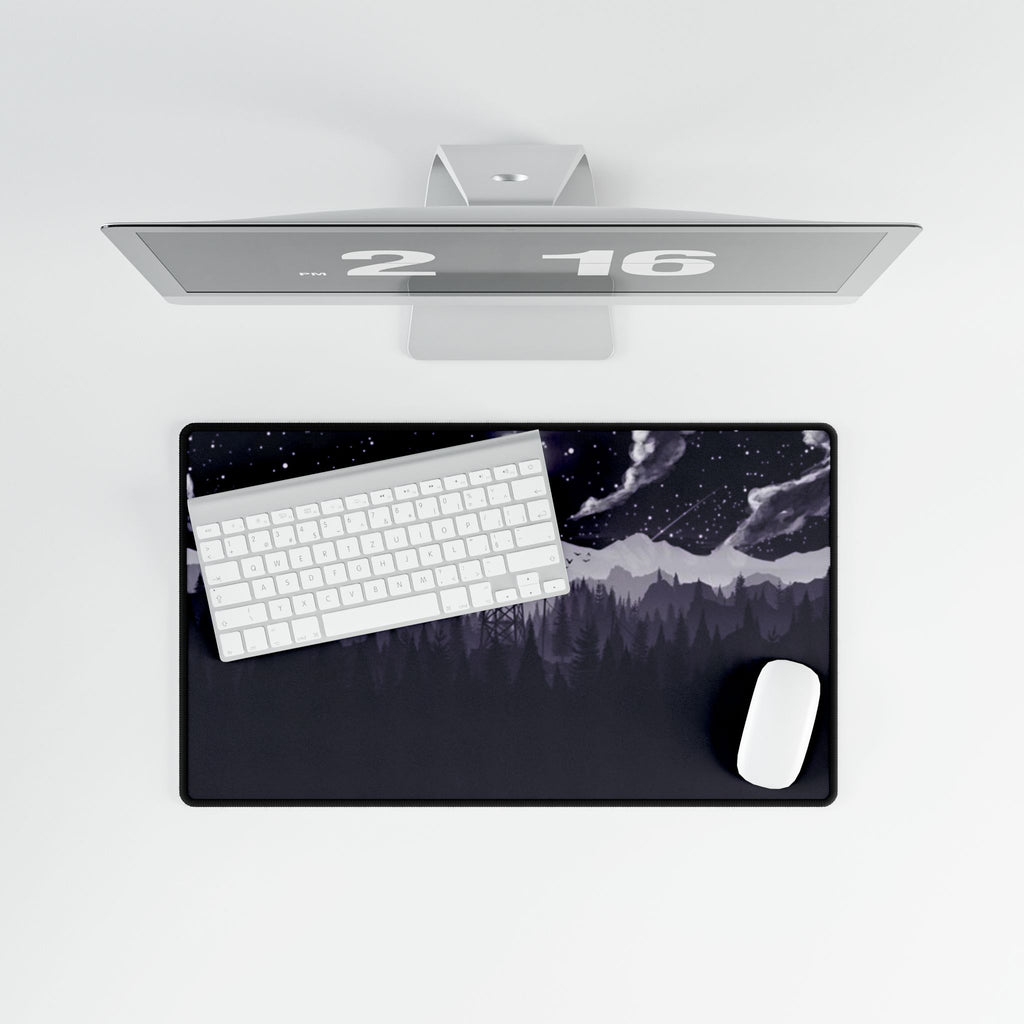 Night Fire Watchtower Desk Mat — Moonlit Mountain Landscape Gaming Desk Pad