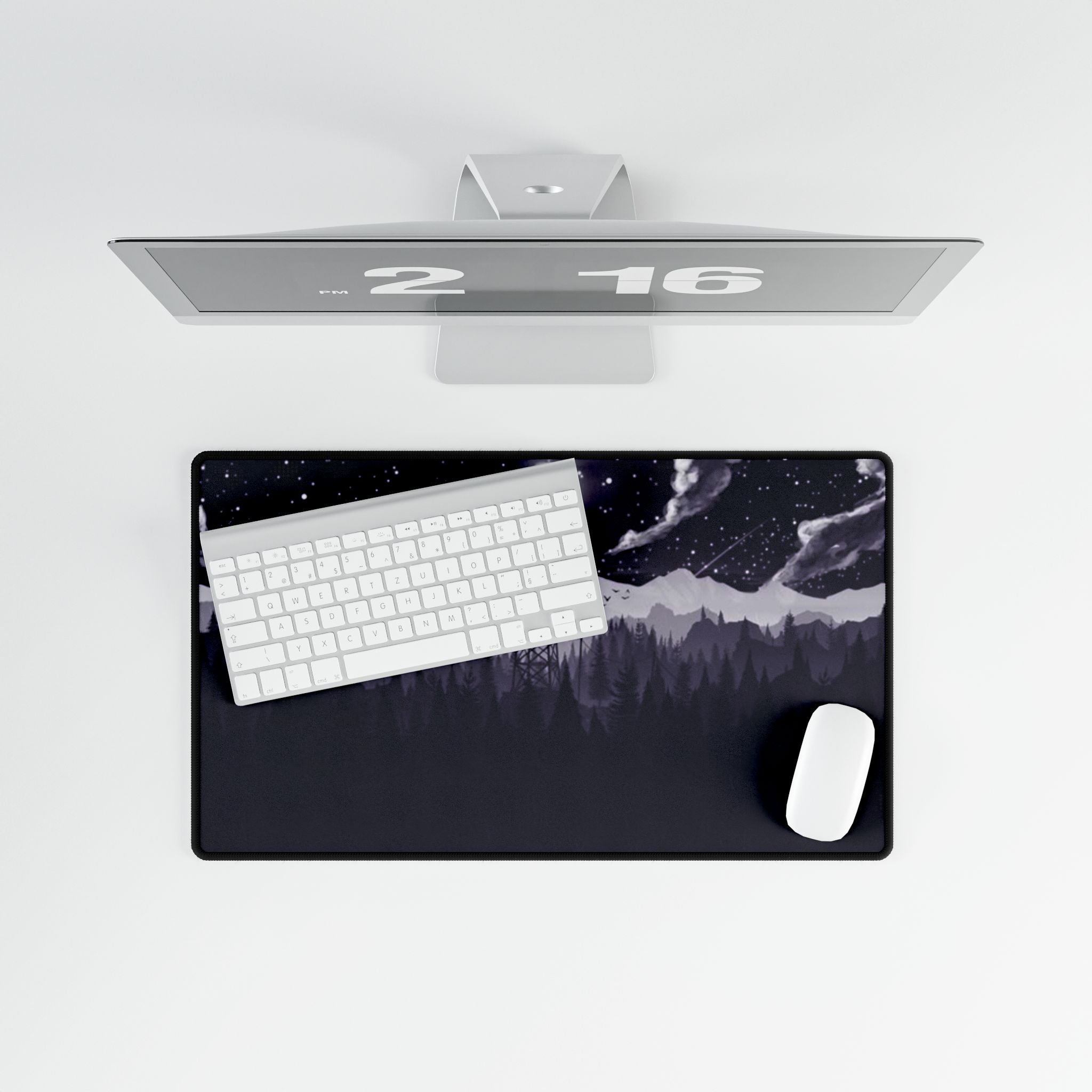 Night Fire Watchtower Desk Mat — Moonlit Mountain Landscape Gaming Desk Pad