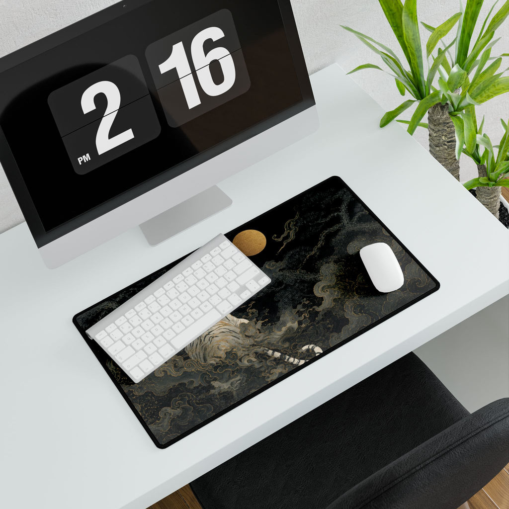 White Tiger Moon Desk Mat — Japanese-Inspired Artistic Gaming Mouse Pad Personalized Gifts