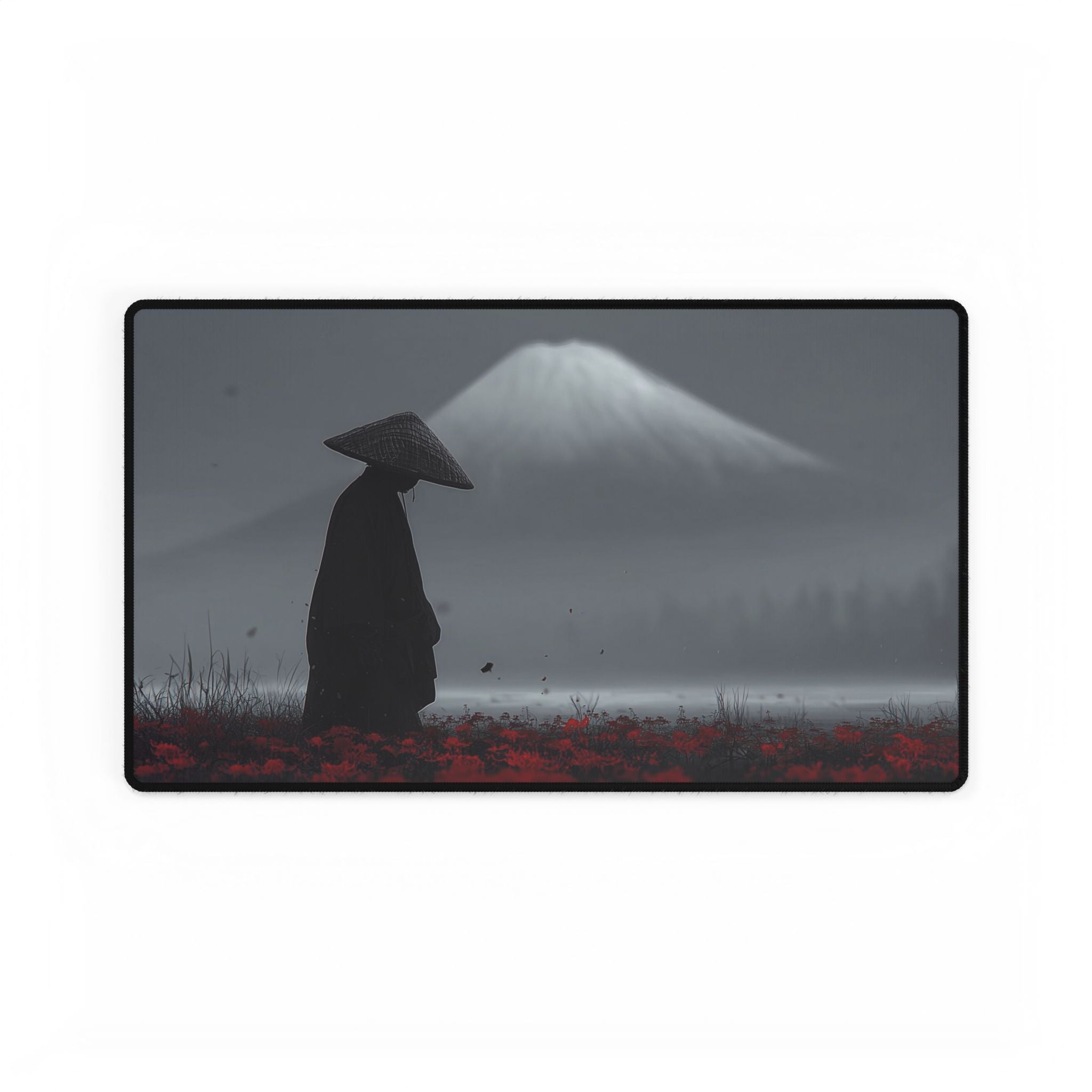 Samurai Silhouette Desk Mat | Mountain Mist Anime Landscape Mousepad