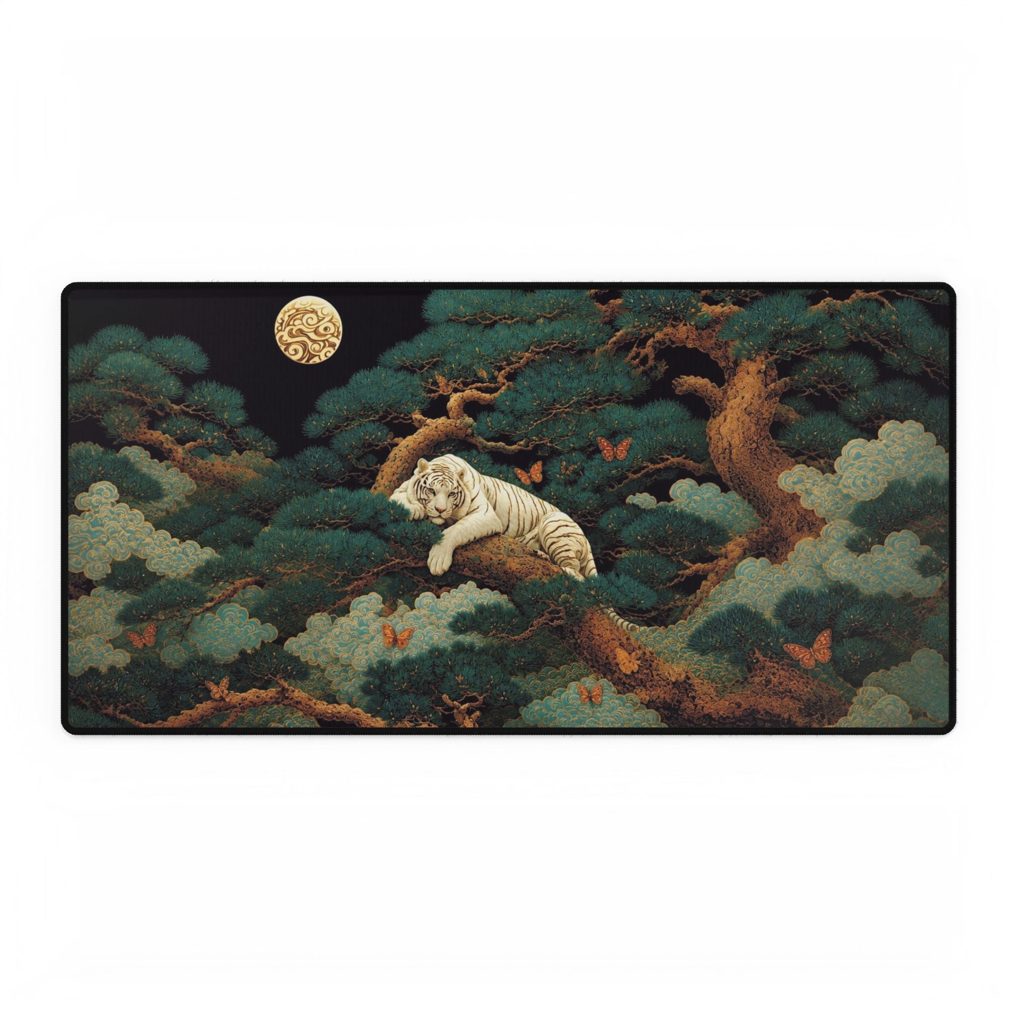 White Tiger Moon Desk Mat — Asian-Inspired Desk Pad with Pine & Moon Artwork