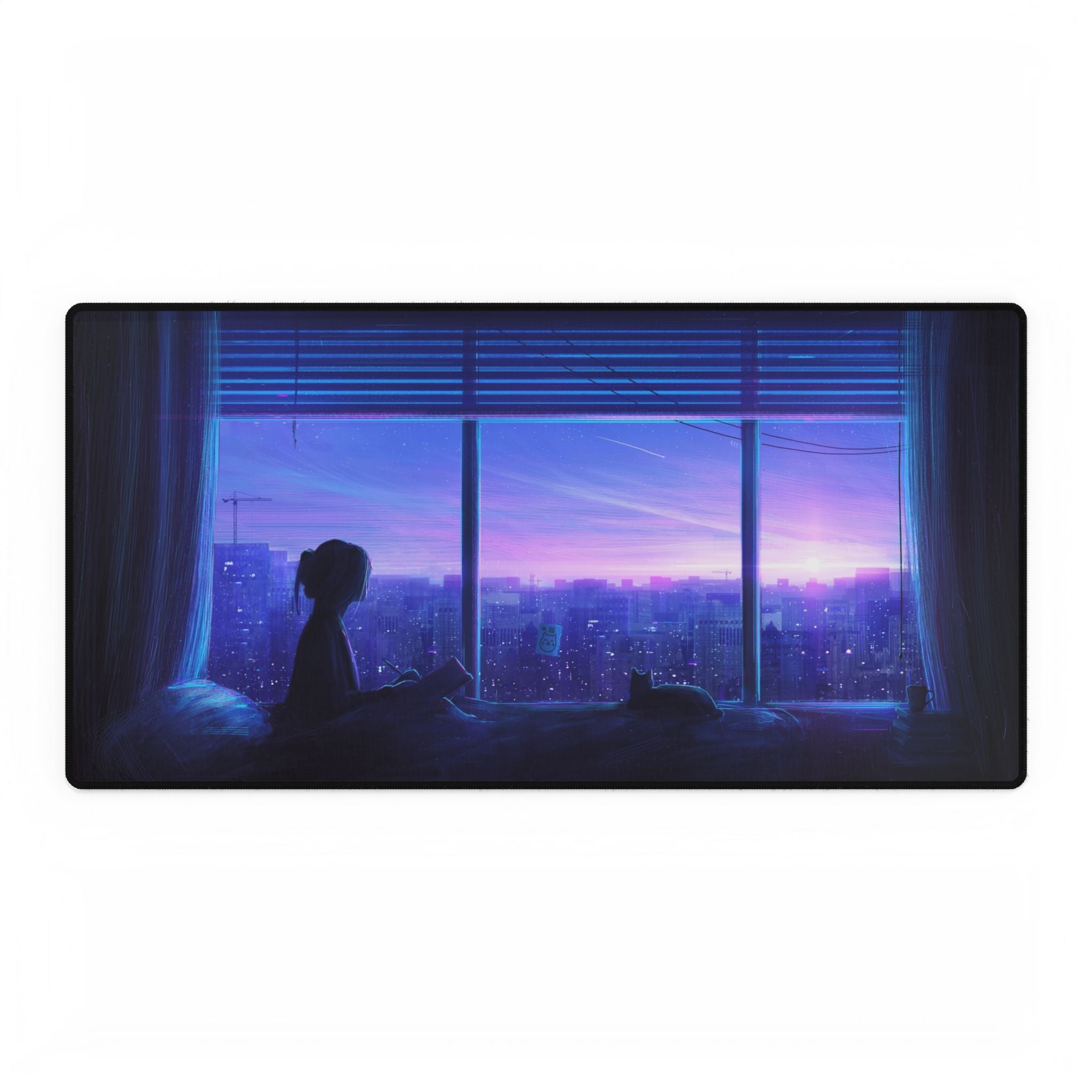 Anime Girl in Window City Skyline Desk Mat | XL Gaming Mouse Pad, Non-Slip