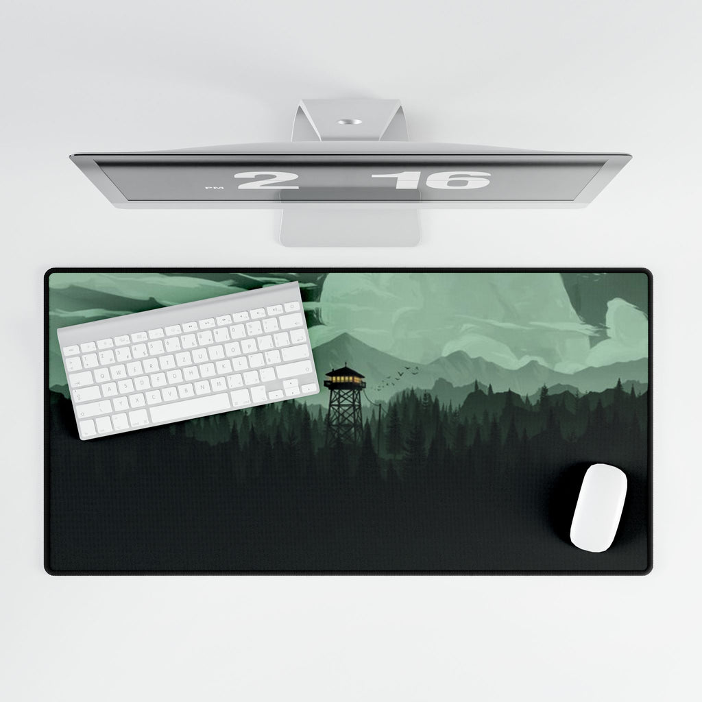 Forest Fire Watch Tower Desk Mat — Moody Green Wilderness Gaming Mousepad