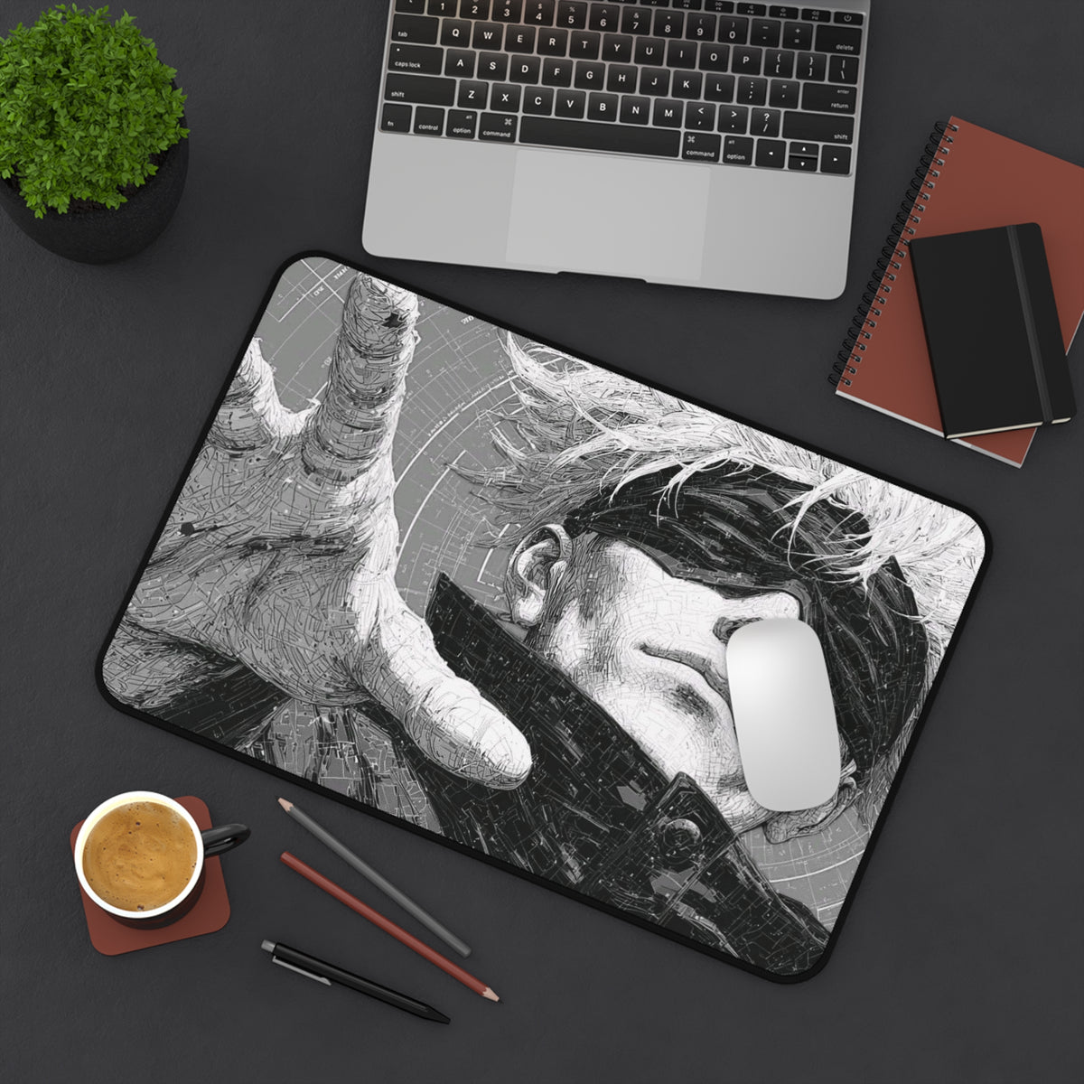 Gojo Satoru Manga Desk Mat, JJK Blindfolded Anime Hero Mousepad, Monochrome Gaming Mouse Pad, Dark Aesthetic XL Desk Pad, Gamer Gift