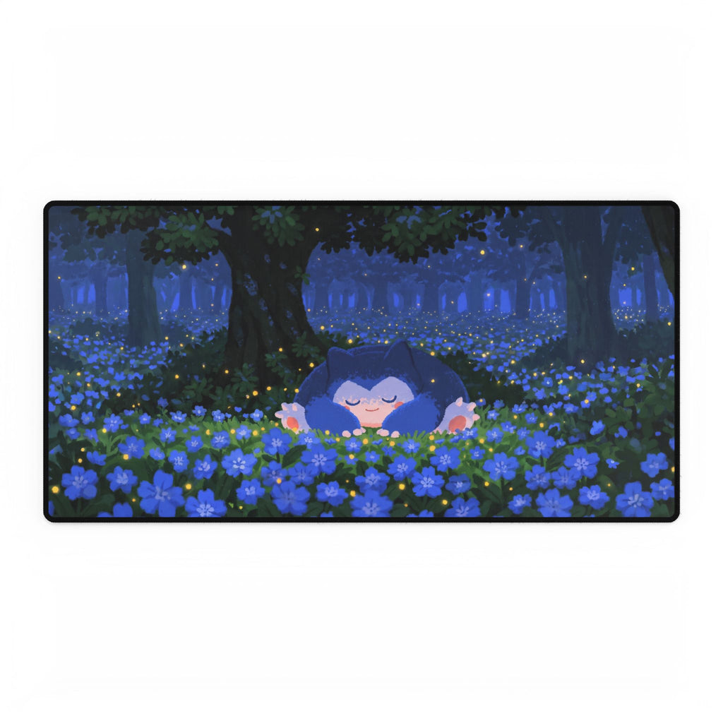 Sleeping Creature in Blue Floral Field Desk Mat | Night Forest Mouse Desk Mat