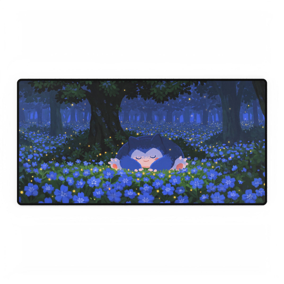 Sleeping Creature in Blue Floral Field Desk Mat | Night Forest Mouse Desk Mat