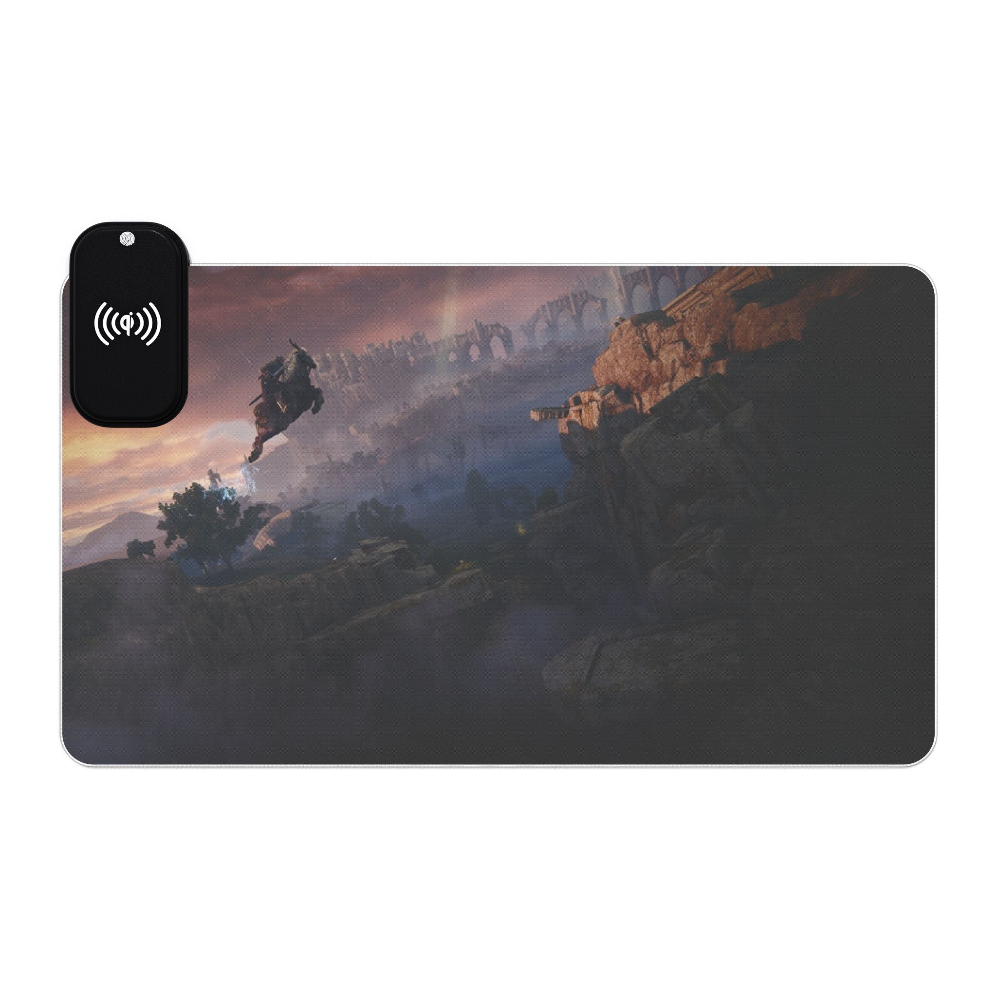 Gaming Mouse Pad, Elden Ring Wireless Charging, Anime Artwork Desk Mat, RGB LED Light Strip, Non-Slip Base, Qi Compatible, Custom Design,