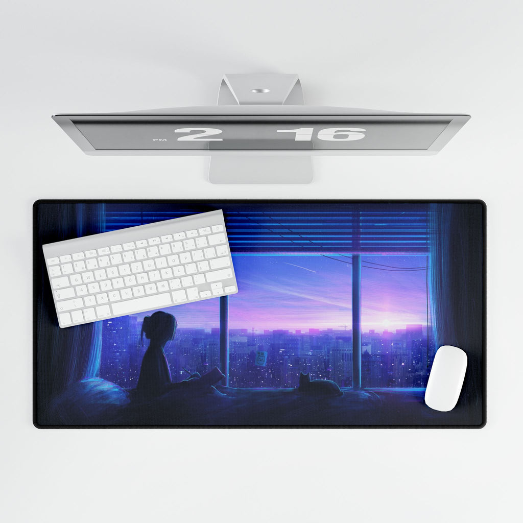Anime Girl in Window City Skyline Desk Mat | XL Gaming Mouse Pad, Non-Slip