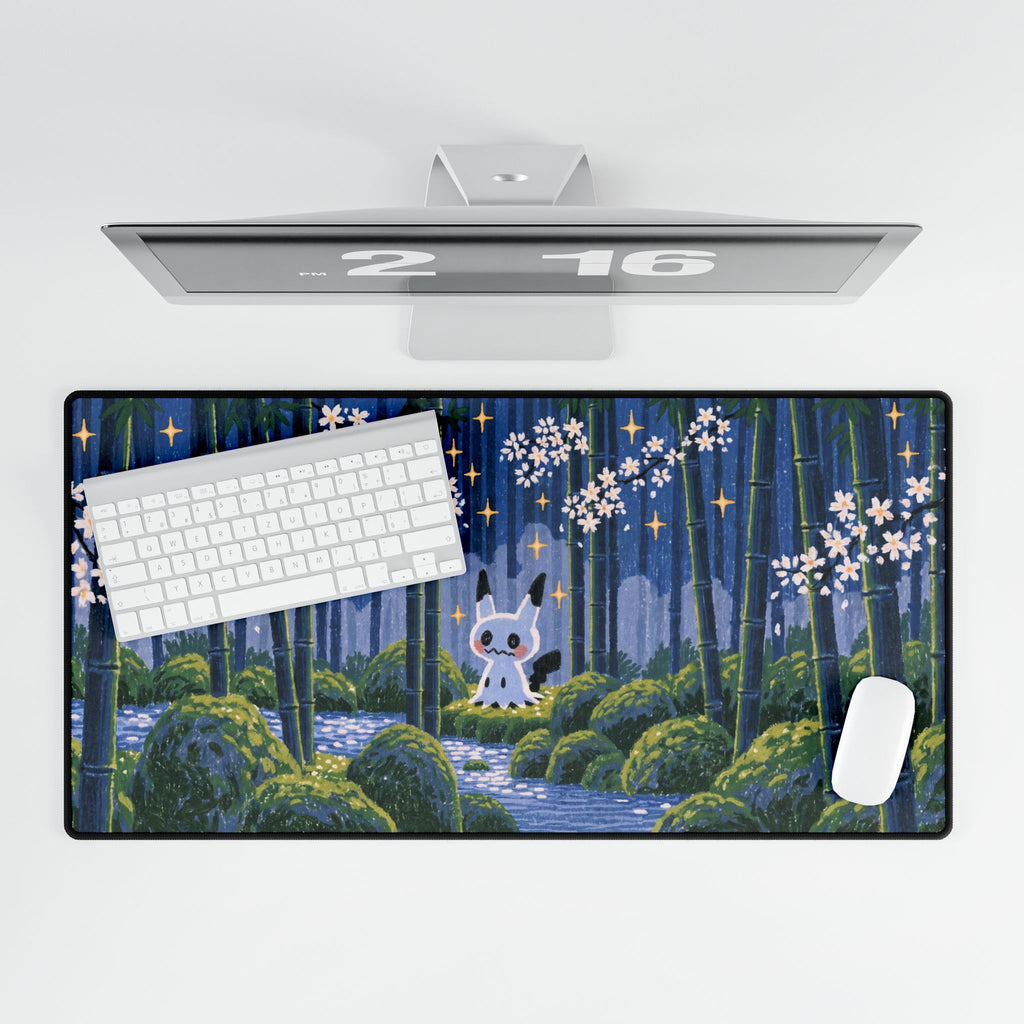 Forest Fox Woodland Scene Desk Mat | Cherry Blossoms Night Bamboo
