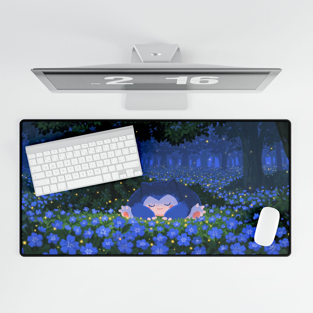 Sleeping Creature in Blue Floral Field Desk Mat | Night Forest Mouse Desk Mat