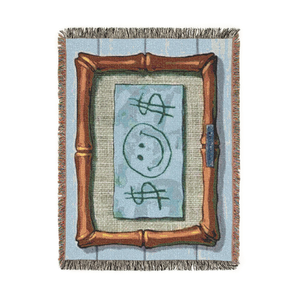 Smiley Dollar Frame Woven Blanket | Money Motif Throw, Decorative Tapestry