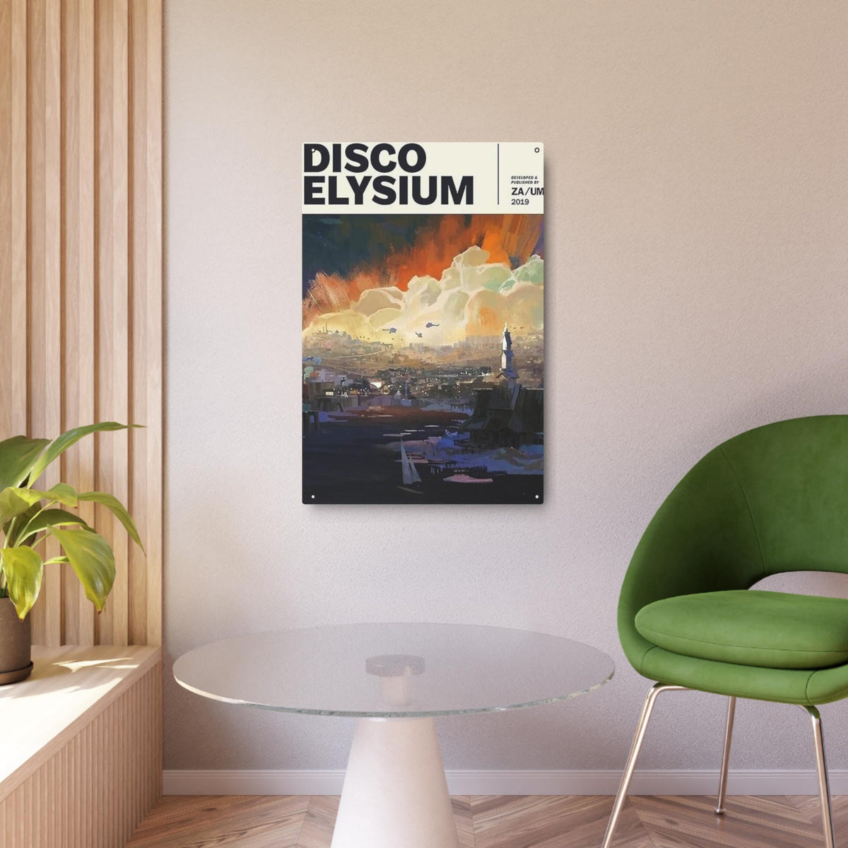 Disco Elysium Revachol poster Metal Art Sign | Illustrated cityscape, stormy sky