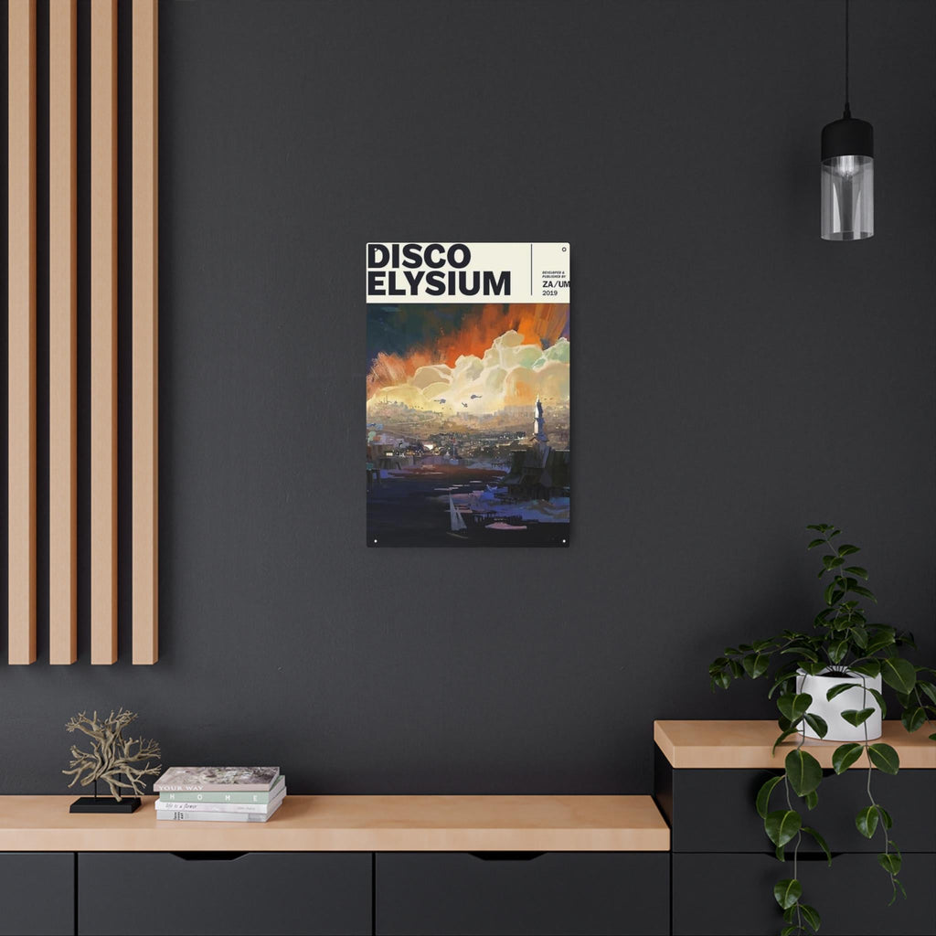 Disco Elysium Revachol poster Metal Art Sign | Illustrated cityscape, stormy sky