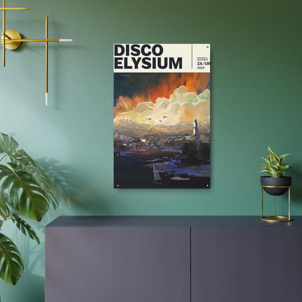 Disco Elysium Revachol poster Metal Art Sign | Illustrated cityscape, stormy sky