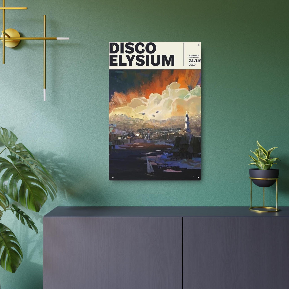 Disco Elysium Revachol poster Metal Art Sign | Illustrated cityscape, stormy sky