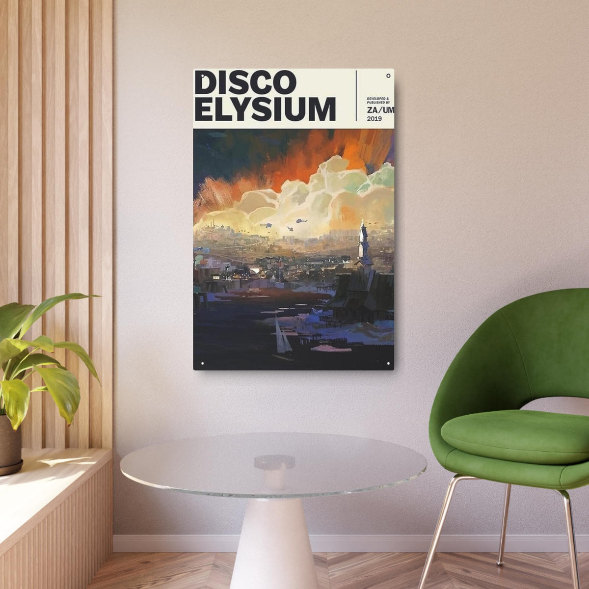 Disco Elysium Revachol poster Metal Art Sign | Illustrated cityscape, stormy sky