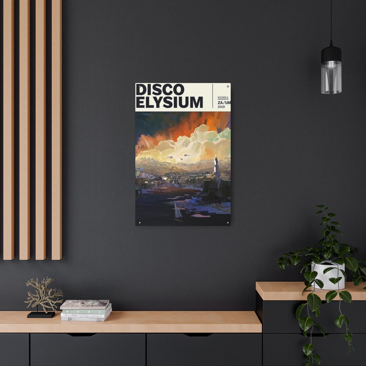 Disco Elysium Revachol poster Metal Art Sign | Illustrated cityscape, stormy sky