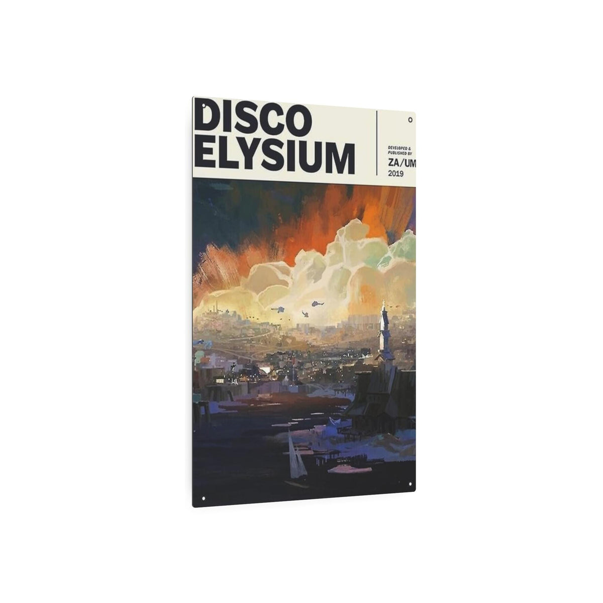 Disco Elysium Revachol poster Metal Art Sign | Illustrated cityscape, stormy sky