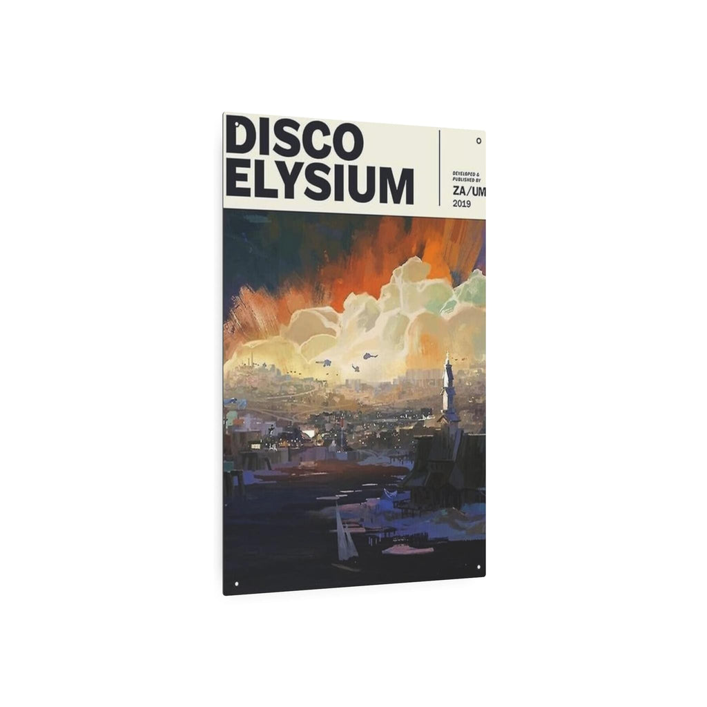 Disco Elysium Revachol poster Metal Art Sign | Illustrated cityscape, stormy sky