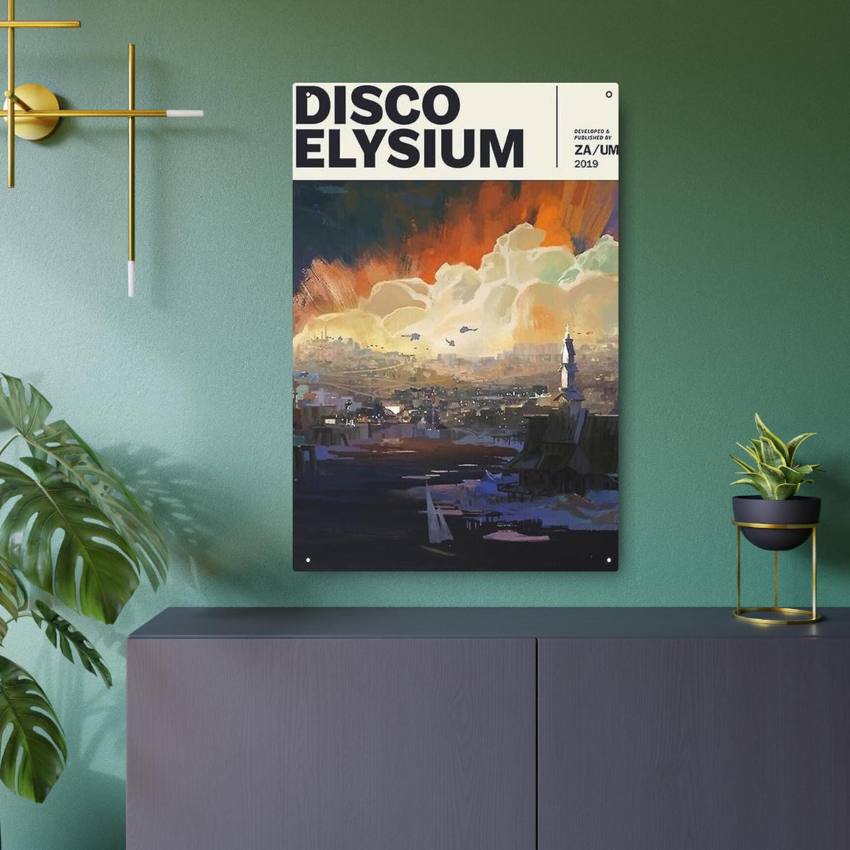 Disco Elysium Revachol poster Metal Art Sign | Illustrated cityscape, stormy sky