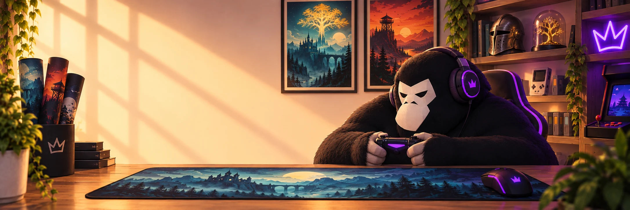 The APE mascot in a cozy gaming den