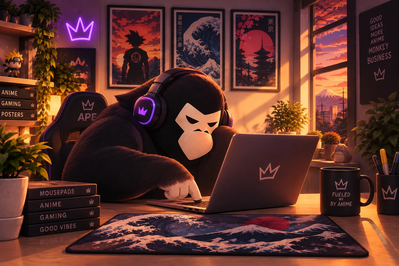 APE in purple headphones working at a laptop in a cozy anime-filled room